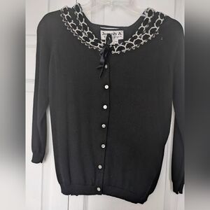 Joseph A 2 Pc Black Cardigan and Top with Velvet And Bead's Trim